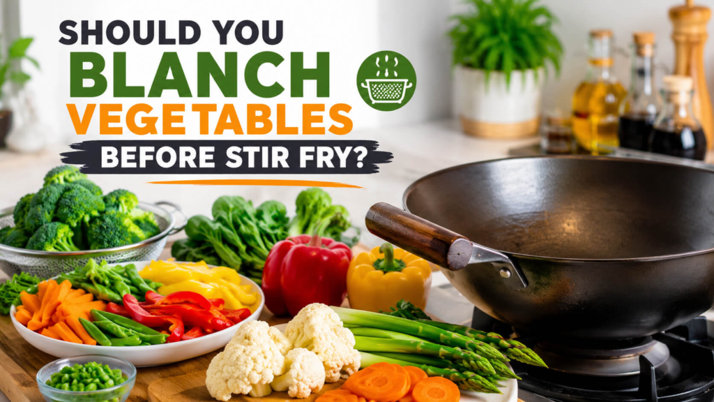 Should you blanch vegetables before stir fry with colorful vegetables beside a wok ready for cooking