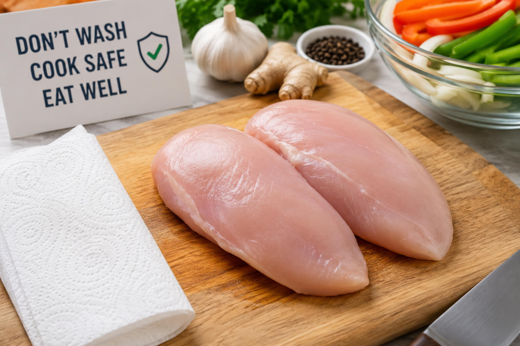 Raw chicken breast on a cutting board prepared safely without washing before making chicken stir fry