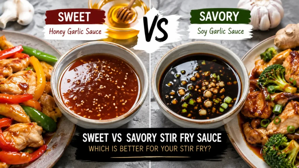 Sweet vs savory stir fry sauce comparison showing honey garlic sauce beside savory soy garlic sauce for chicken stir fry
