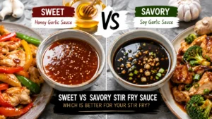 Sweet vs savory stir fry sauce comparison showing honey garlic sauce beside savory soy garlic sauce for chicken stir fry