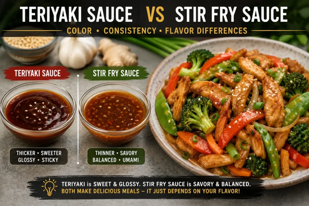 Teriyaki sauce vs stir fry sauce served beside a chicken stir fry with vegetables showing their color and consistency differences