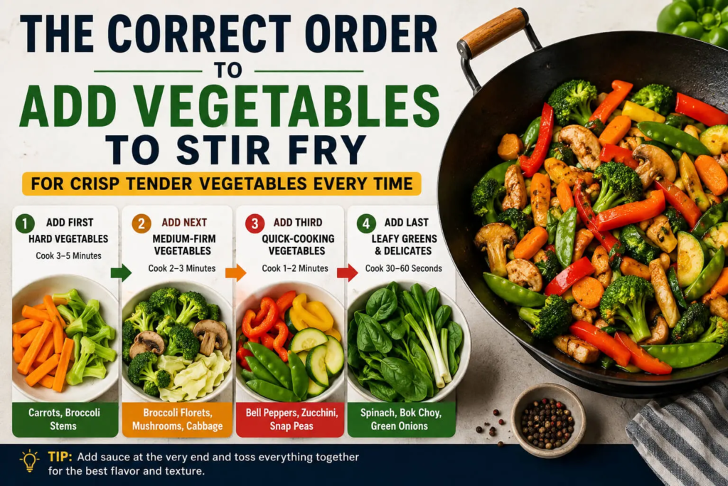 The correct order to add vegetables to stir fry for crisp tender vegetables every time