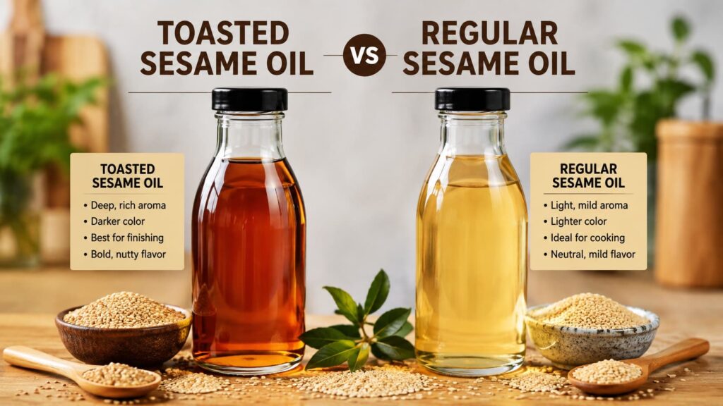 Toasted sesame oil vs regular sesame oil displayed side by side in glass bottles with sesame seeds for cooking comparison
