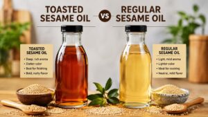 Toasted sesame oil vs regular sesame oil displayed side by side in glass bottles with sesame seeds for cooking comparison