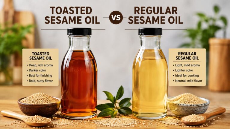 Toasted sesame oil vs regular sesame oil displayed side by side in glass bottles with sesame seeds for cooking comparison