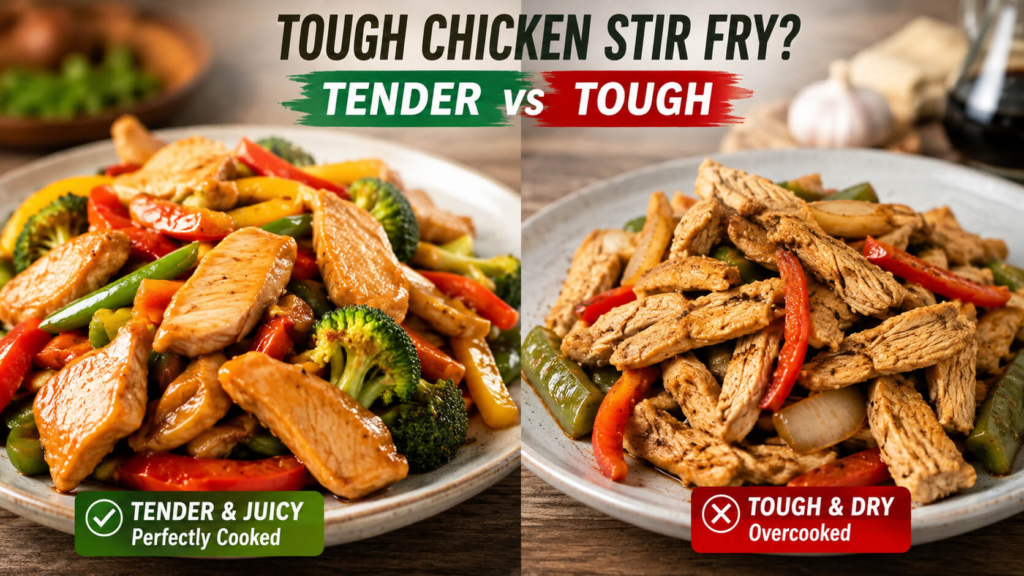 Tender and juicy chicken stir fry compared with tough overcooked chicken pieces