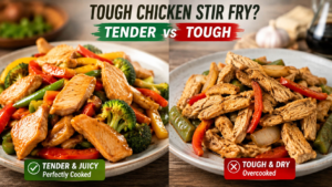Tender and juicy chicken stir fry compared with tough overcooked chicken pieces