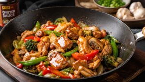 Homemade chicken stir fry showing how oyster sauce creates a glossy flavorful coating