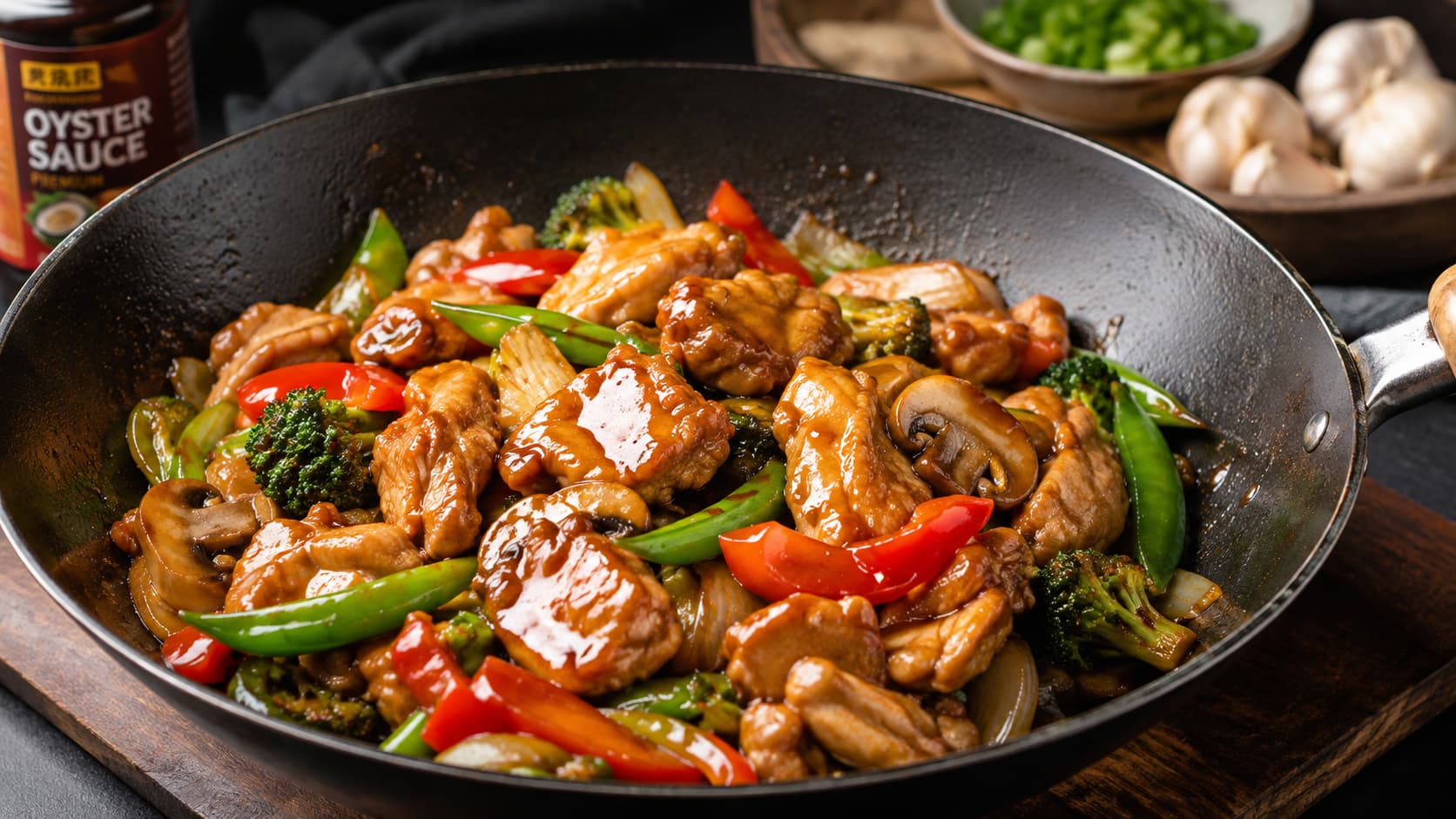 Homemade chicken stir fry showing how oyster sauce creates a glossy flavorful coating