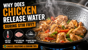 Chicken releases water stir fry explained with chicken cooking in a hot wok while moisture evaporates