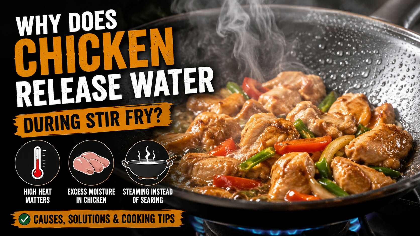 Chicken releases water stir fry explained with chicken cooking in a hot wok while moisture evaporates