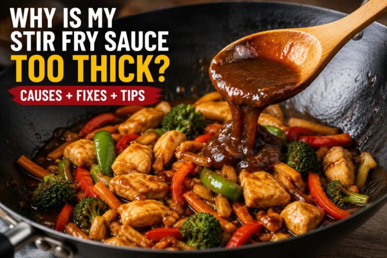 Stir fry sauce too thick in a wok with chicken and vegetables showing how to fix the consistency