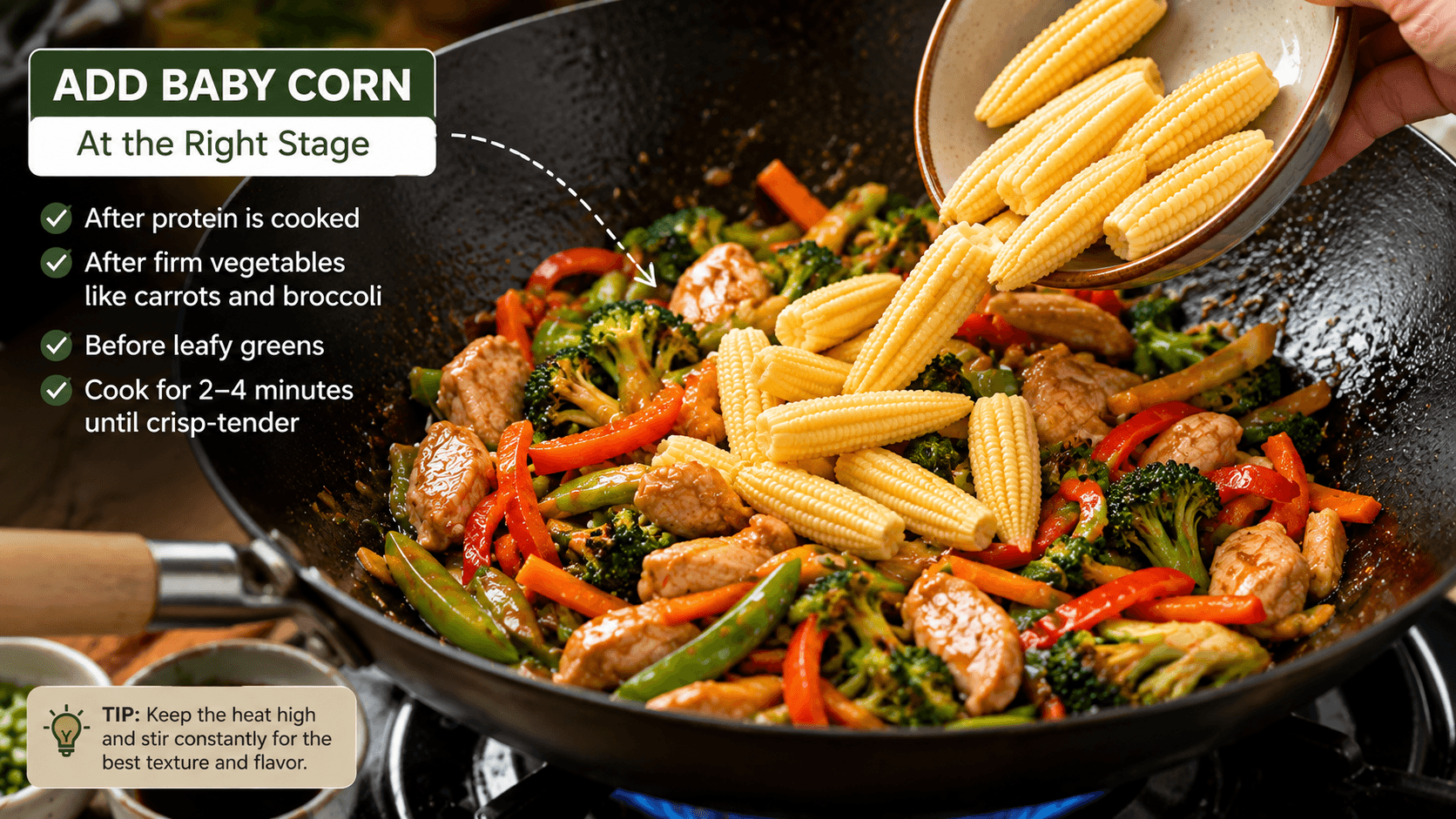 Adding baby corn to a hot wok at the correct stage of a baby corn stir fry