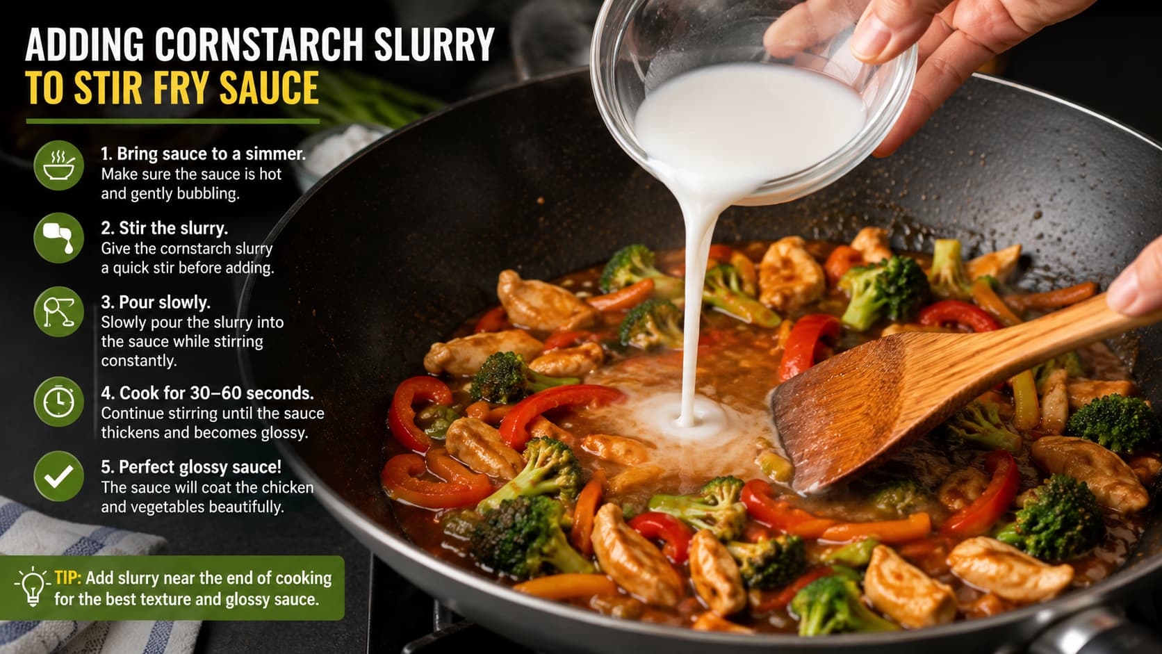 Pouring cornstarch slurry into simmering stir fry sauce while stirring continuously