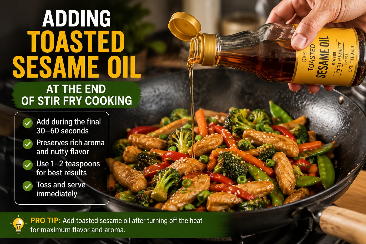 Adding toasted sesame oil during the final minute to use sesame oil in stir fry correctly