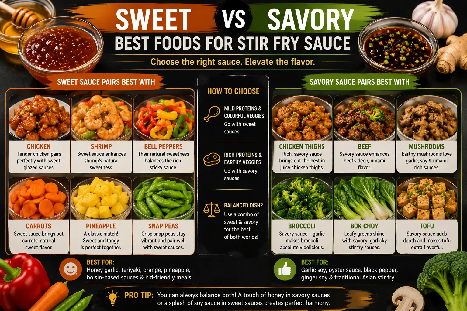 Chicken shrimp broccoli mushrooms carrots and bell peppers showing which foods pair best with sweet vs savory stir fry sauce