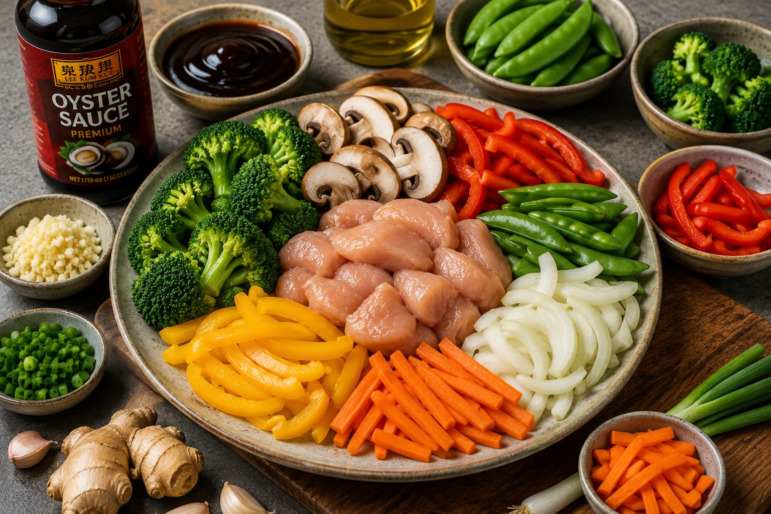 Chicken broccoli mushrooms and colorful vegetables that pair perfectly with oyster sauce in stir fry