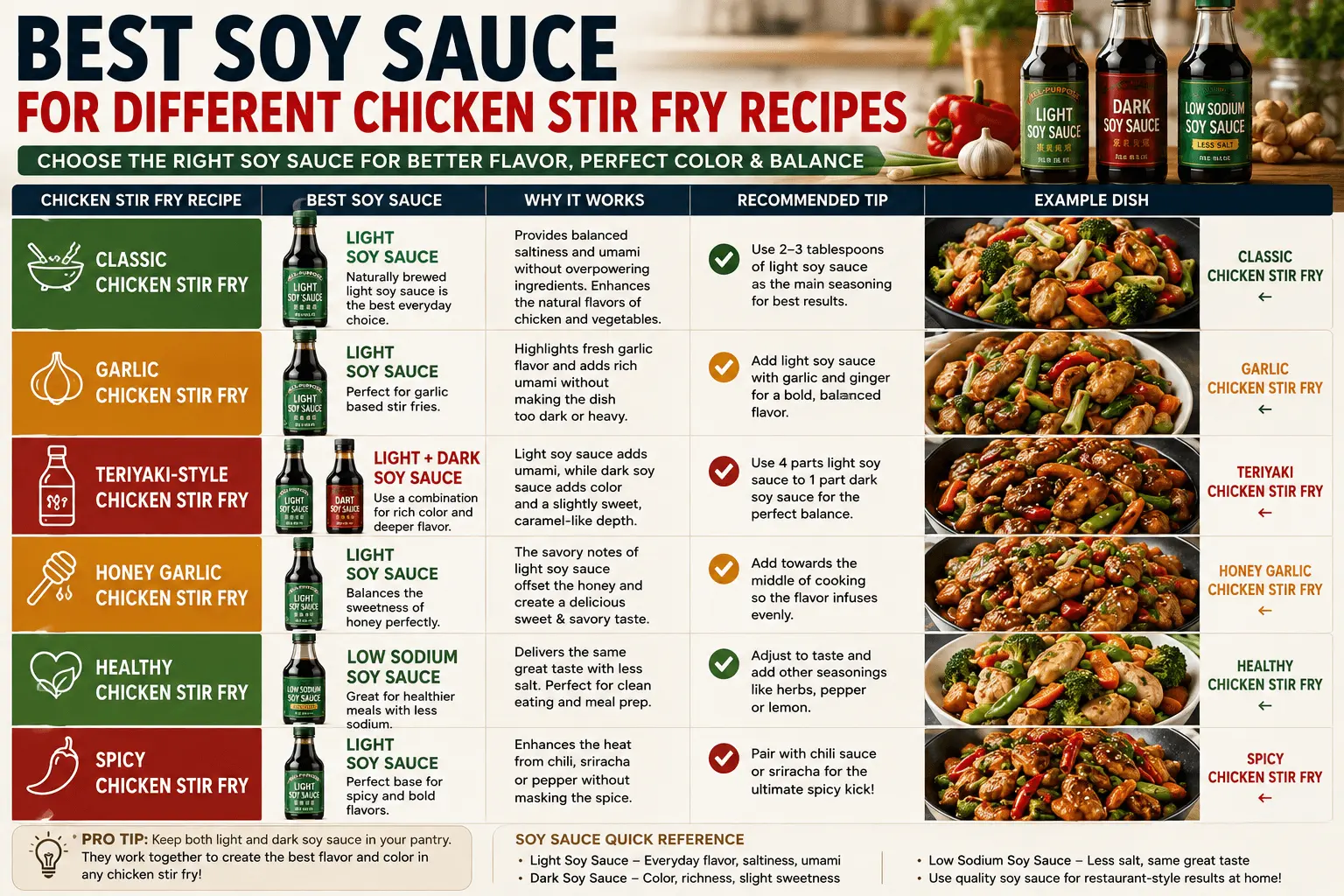 Different chicken stir fry recipes paired with the best soy sauce options including light, dark, and low sodium soy sauce