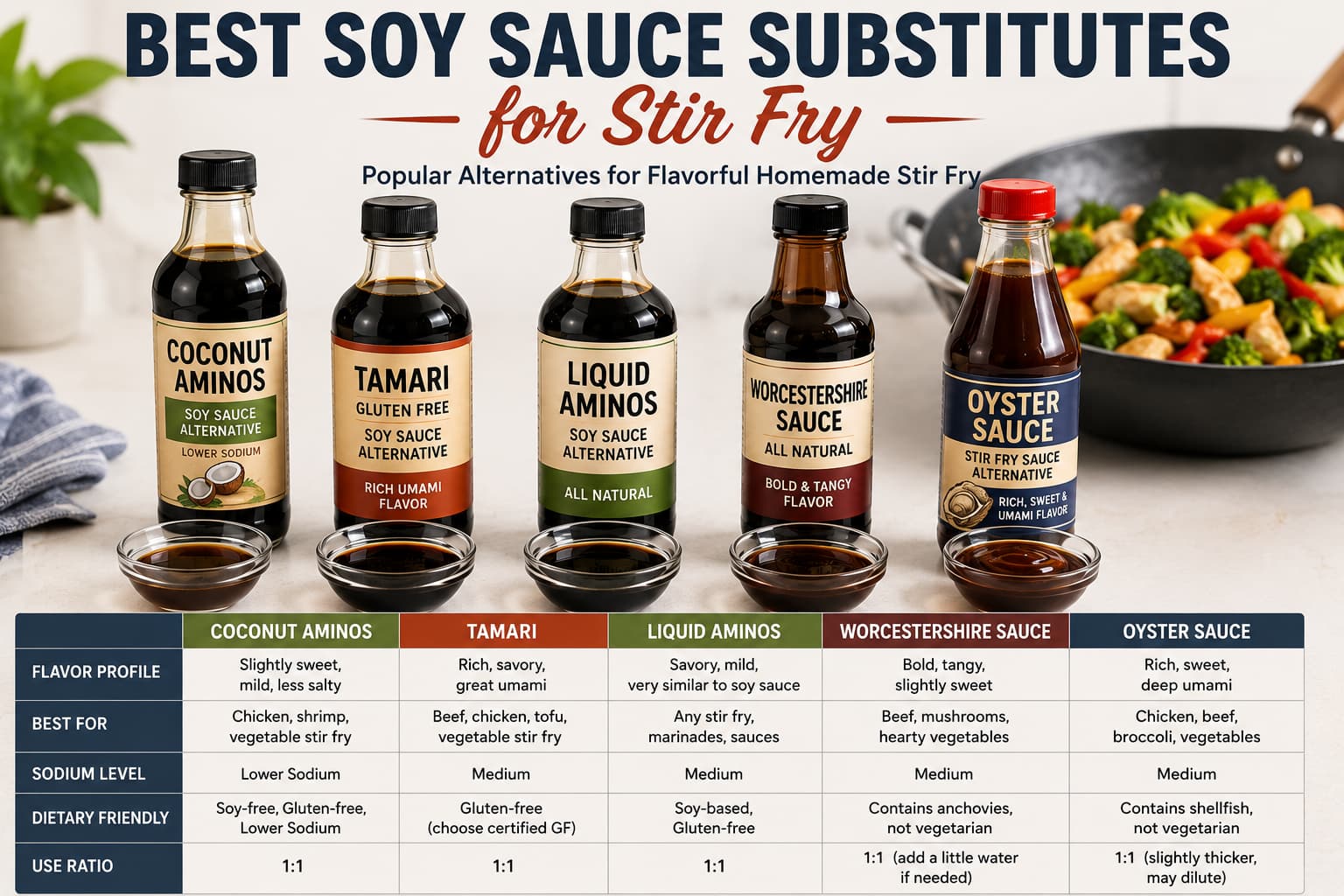 Popular soy sauce substitutes for stir fry including coconut aminos tamari liquid aminos Worcestershire sauce and oyster sauce