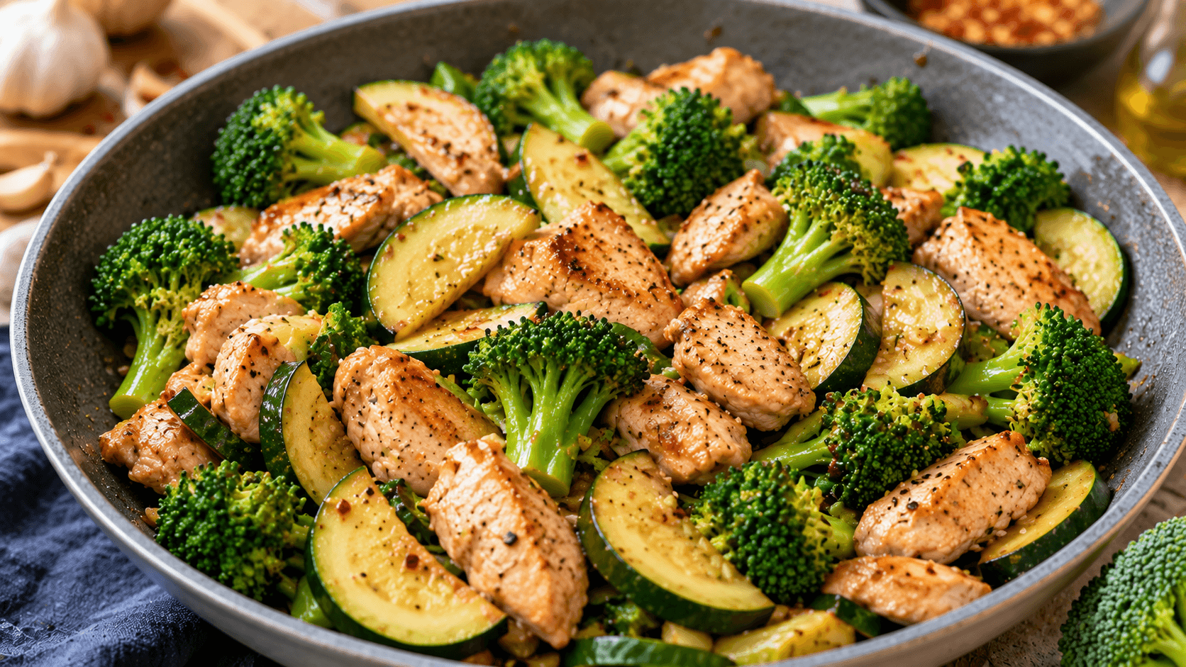 Fresh broccoli and zucchini prepared as low carb stir fry vegetables with chicken