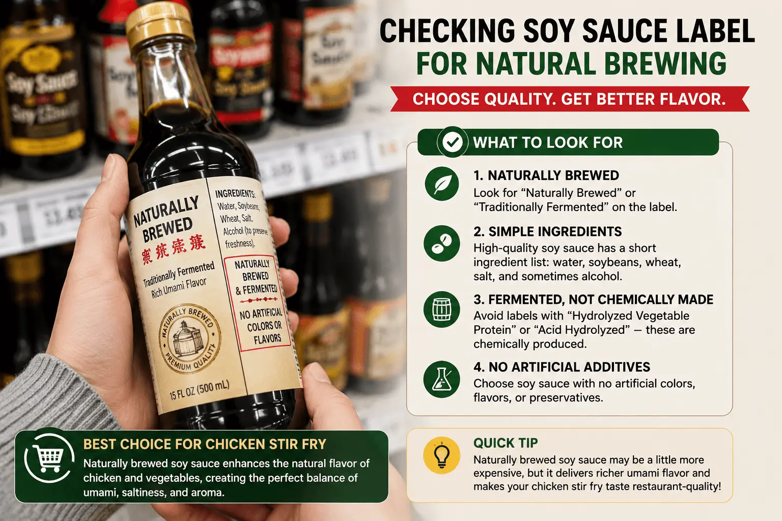 Reading a naturally brewed soy sauce label while shopping for the best soy sauce for chicken stir fry