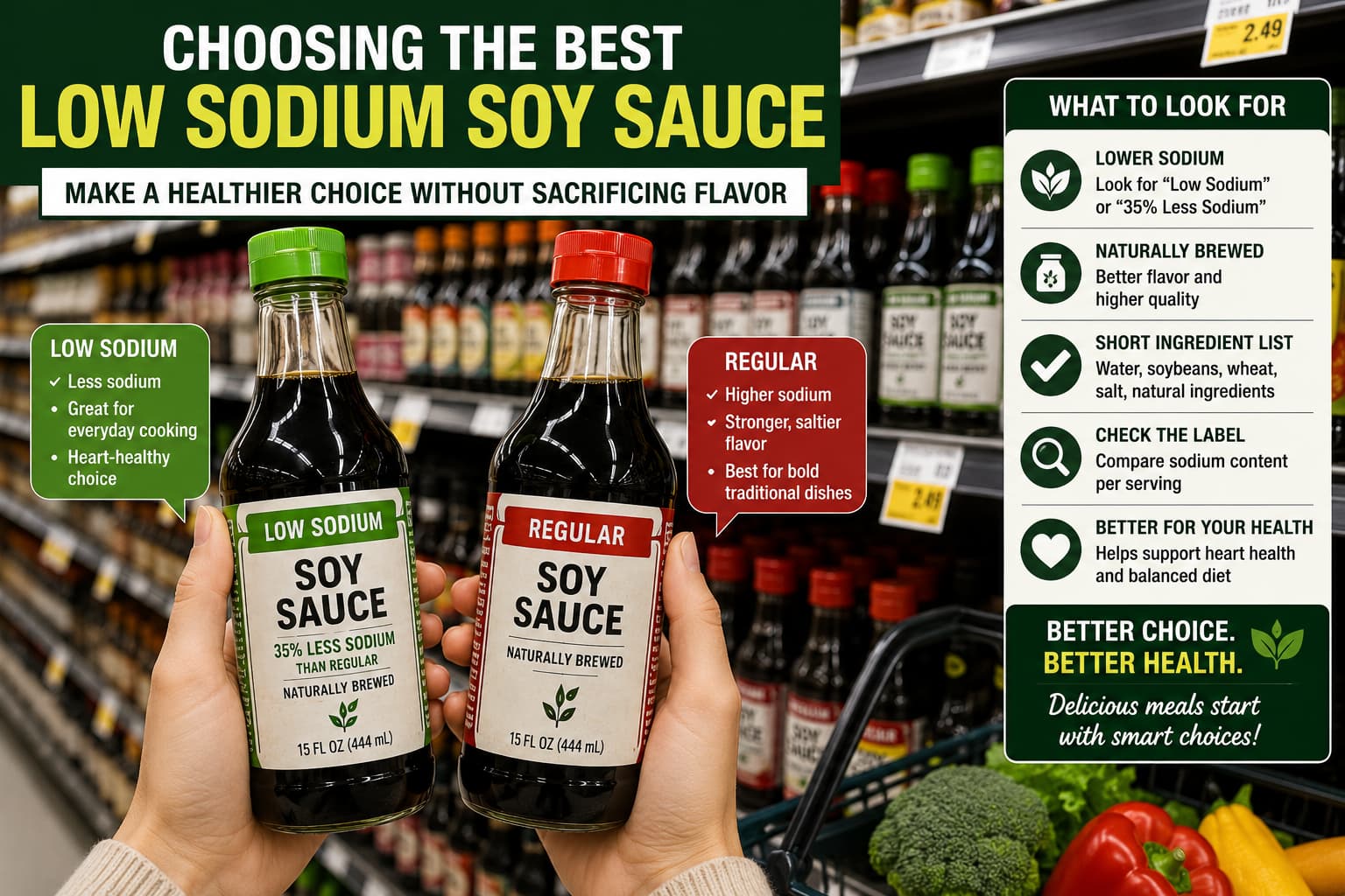 Shopping for low sodium soy sauce and regular soy sauce in a grocery store