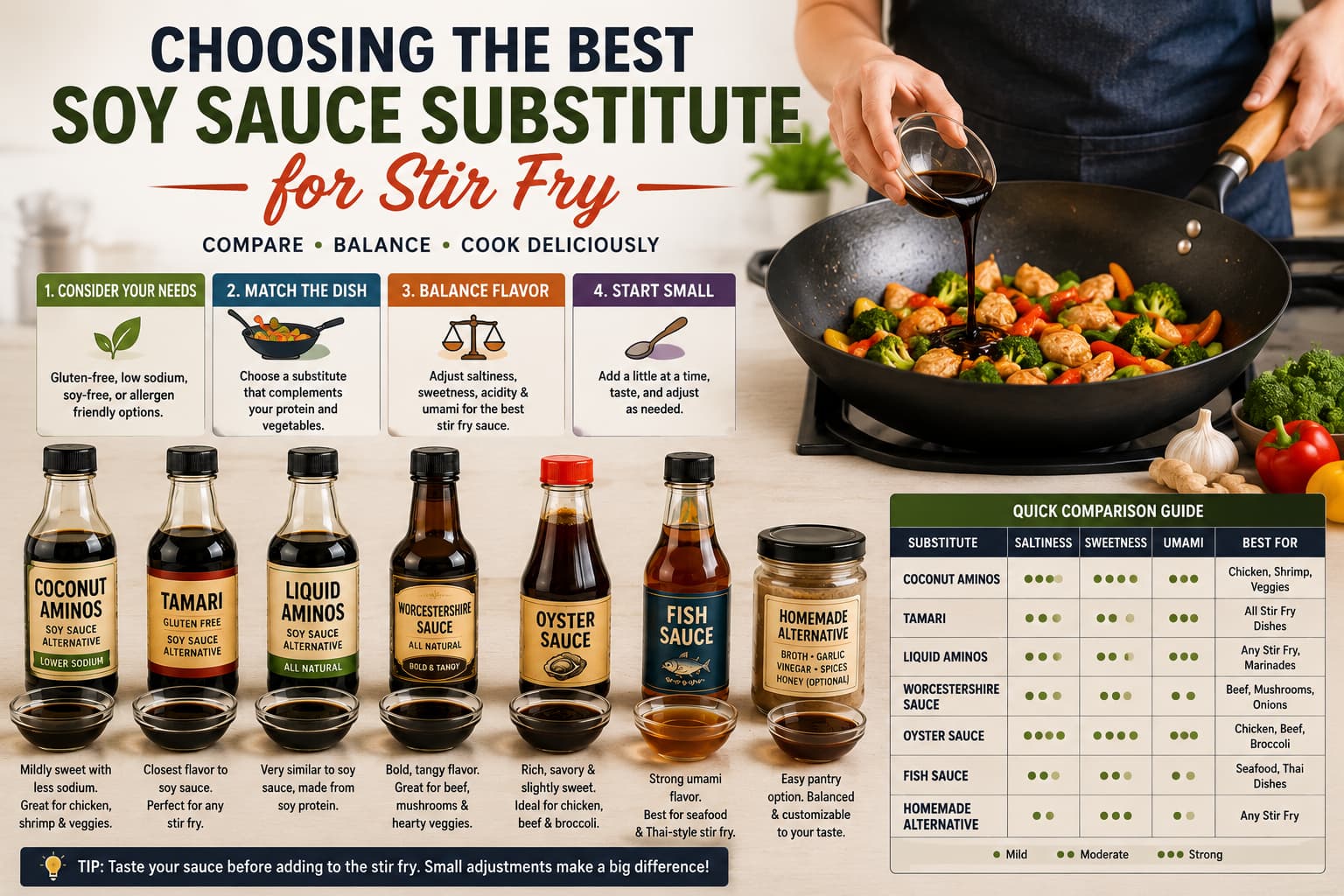 Comparing different soy sauce substitutes for stir fry while preparing chicken and vegetables in a wok