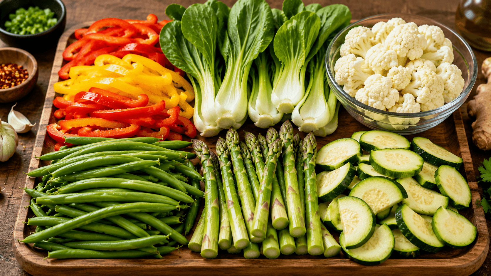 Fresh bell peppers bok choy cauliflower asparagus and green beans prepared as low carb stir fry vegetables