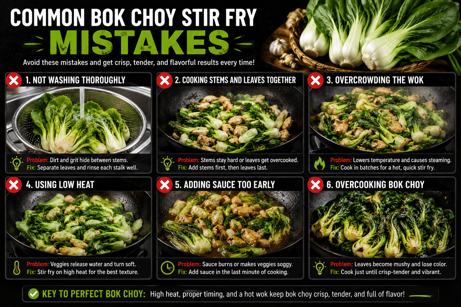 Common mistakes when cooking bok choy for chicken stir fry including overcrowding the wok and overcooking the leaves