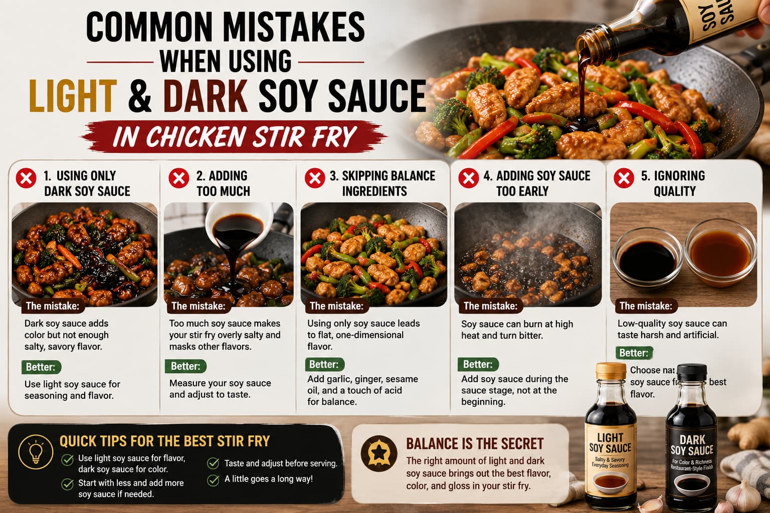 Common mistakes when using light soy sauce and dark soy sauce in a chicken stir fry