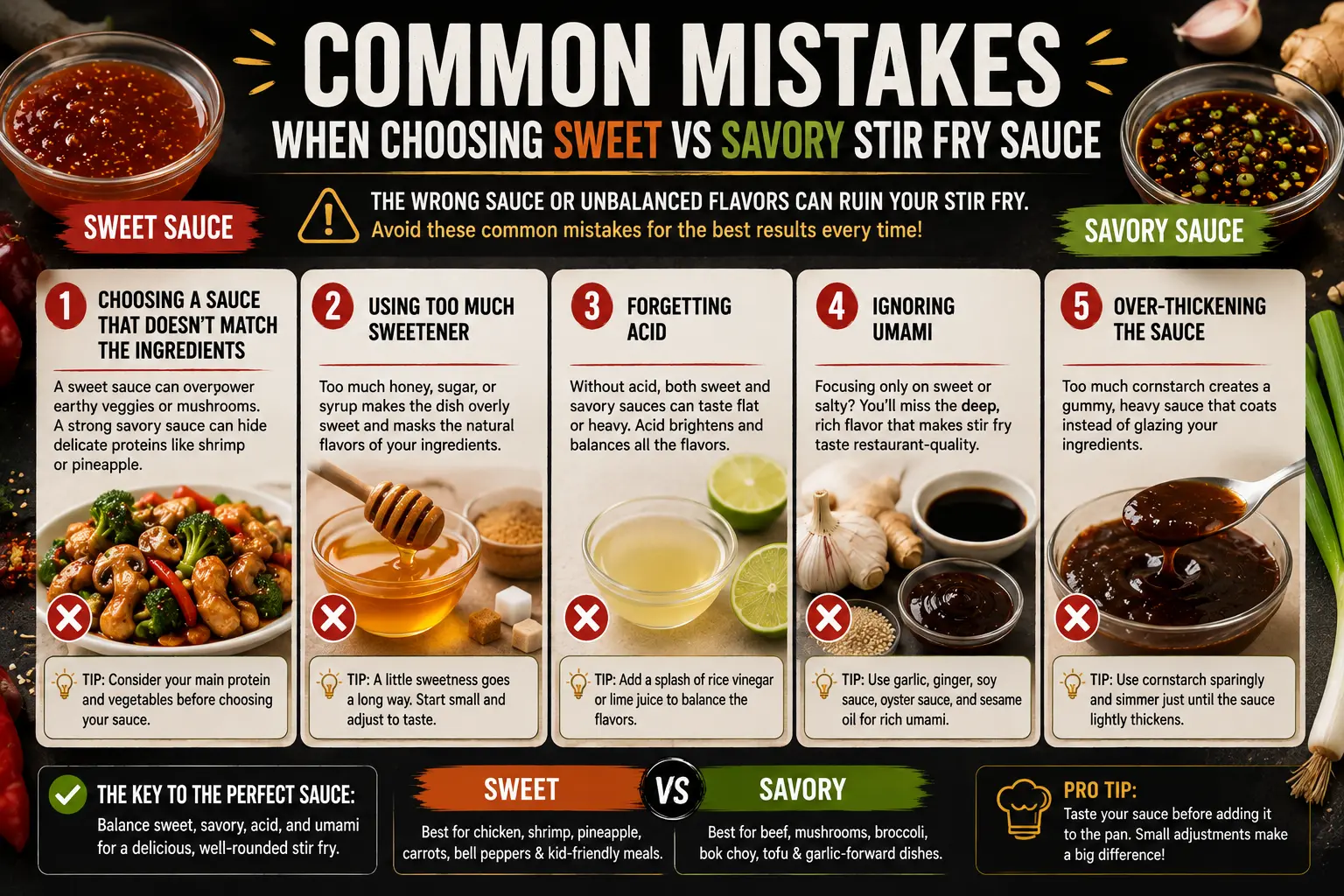 Common mistakes when choosing sweet vs savory stir fry sauce including adding too much sugar soy sauce and cornstarch