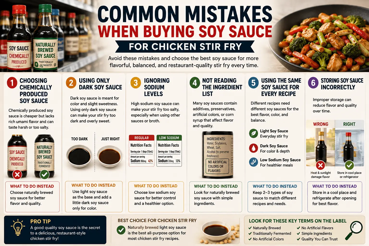 Common mistakes when buying the best soy sauce for chicken stir fry including choosing chemically produced soy sauce and using too much dark soy sauce