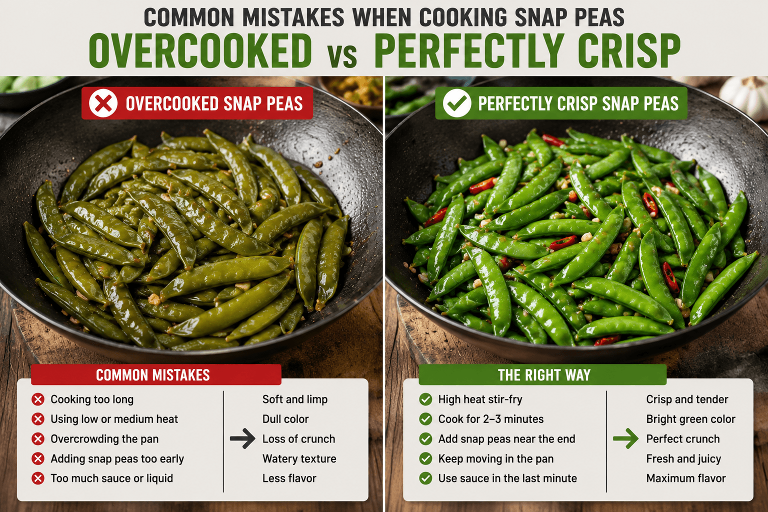 Overcooked snap peas compared with perfectly crisp snap peas in a stir fry