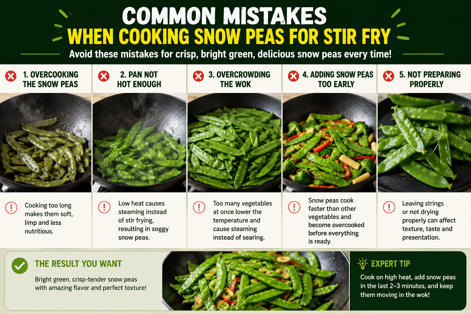 Common mistakes when cooking snow peas for stir fry including overcrowded wok and overcooked vegetables