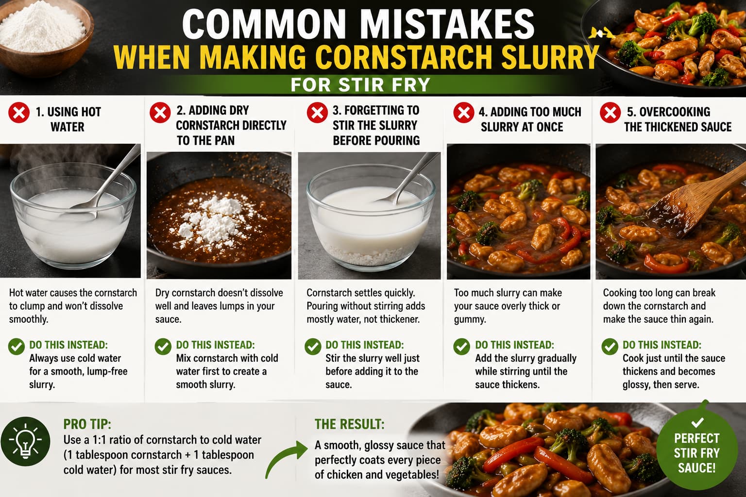 Common mistakes when making cornstarch slurry for stir fry including lumps and overly thick sauce