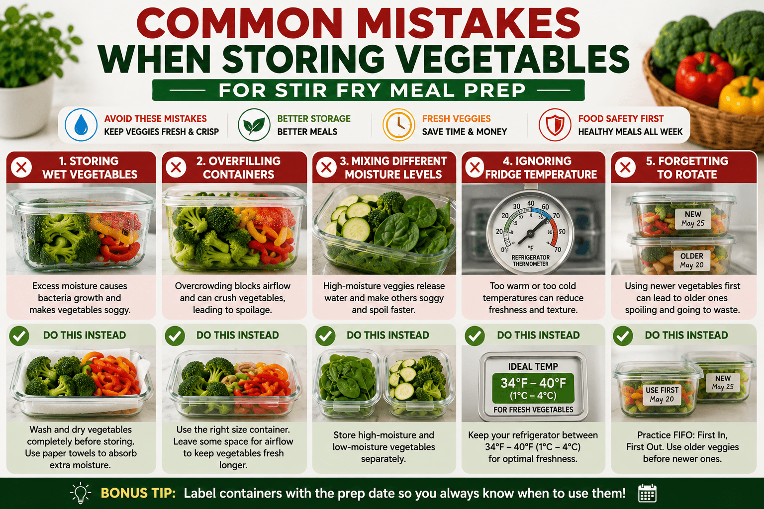Common mistakes to avoid when storing vegetables for stir fry meal prep including excess moisture and overcrowded containers