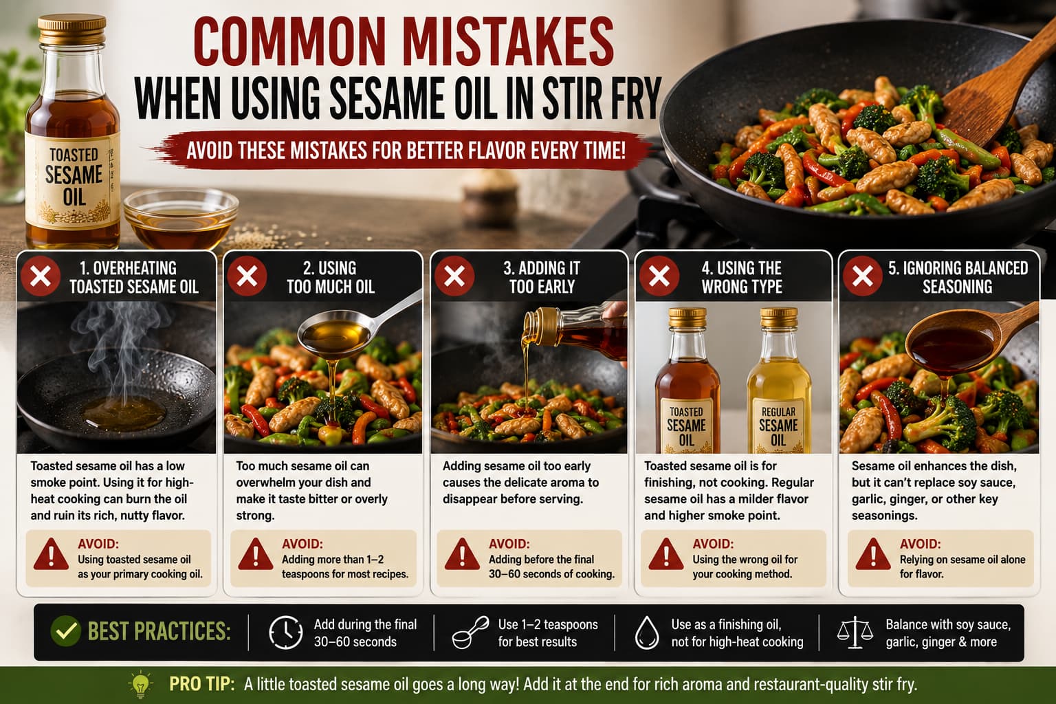 Common mistakes to avoid when you use sesame oil in stir fry including overheating and adding too much oil