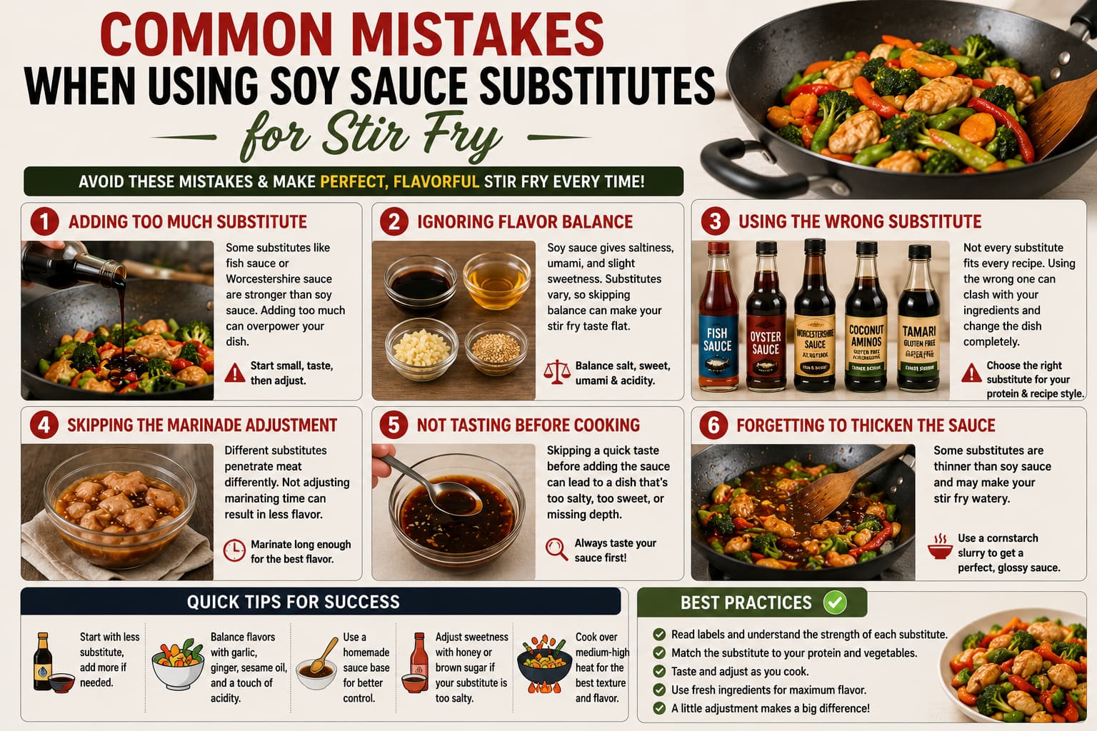 Common mistakes when using soy sauce substitutes for stir fry including adding too much sauce and failing to taste before cooking