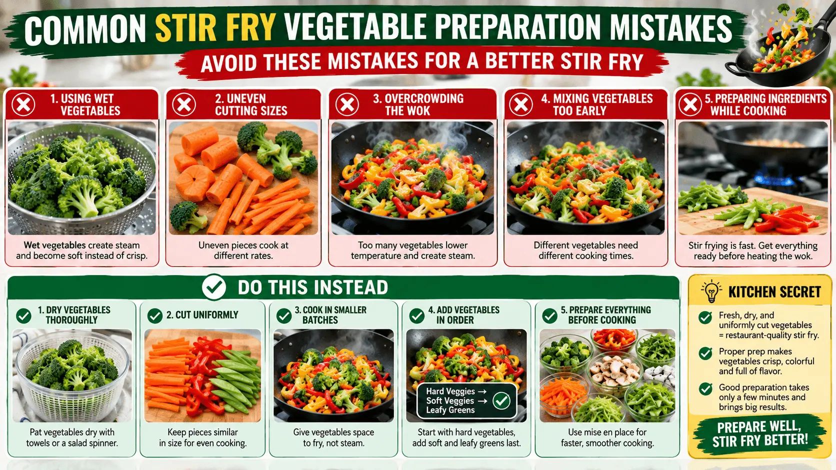 Common mistakes to avoid in a stir fry vegetable preparation guide including overcrowding wet vegetables and uneven cuts