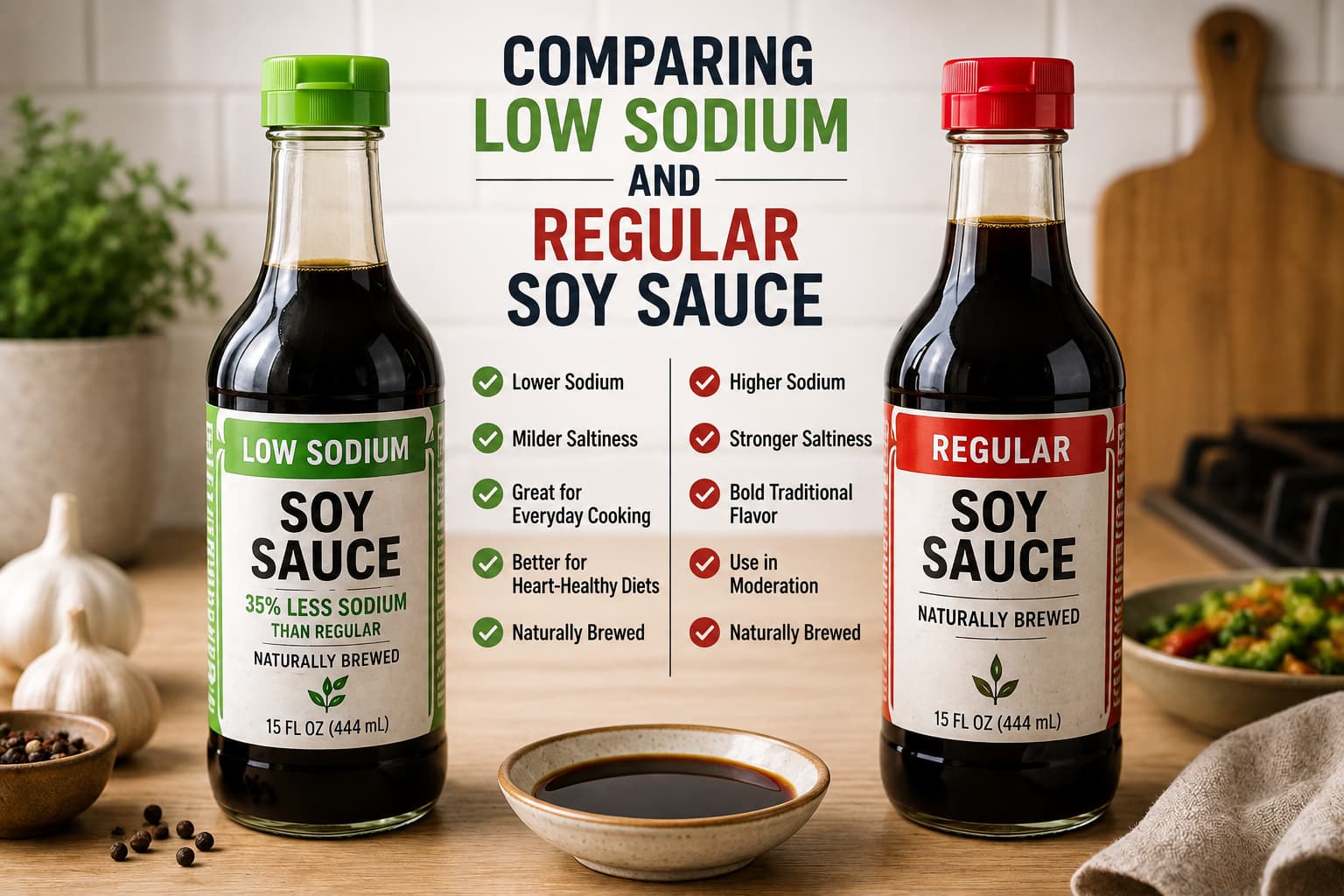 Comparing low sodium soy sauce and regular soy sauce bottles on a kitchen countertop