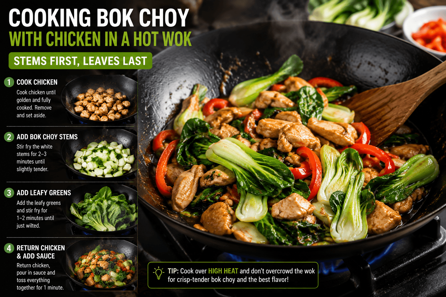 Cooking bok choy with chicken in a hot wok by adding stems first and leafy greens last