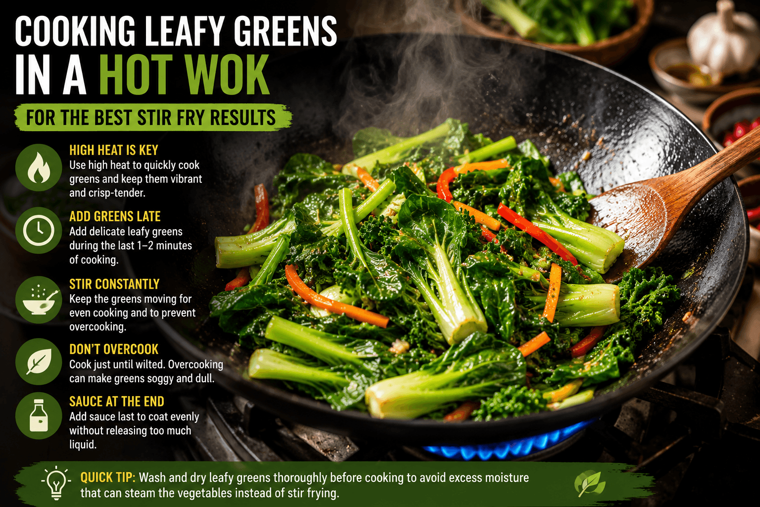 Cooking the best leafy greens stir fry vegetables in a hot wok using proper stir fry techniques