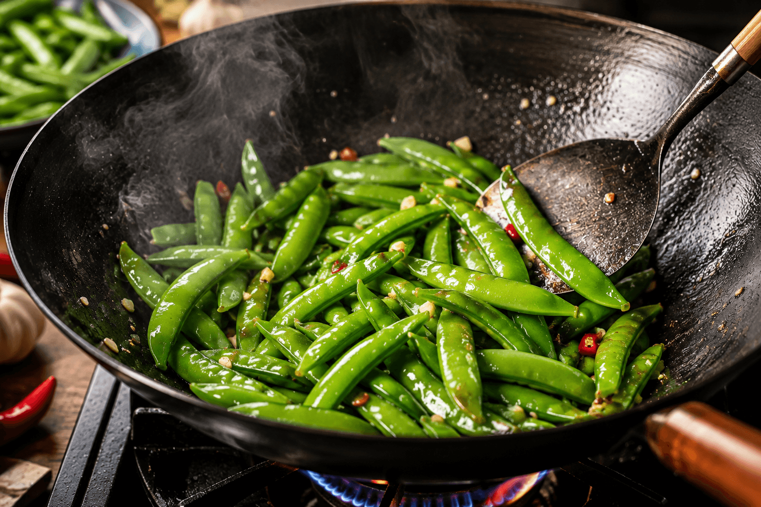 Fresh snap peas cooking in a hot wok over high heat while staying crisp and bright green