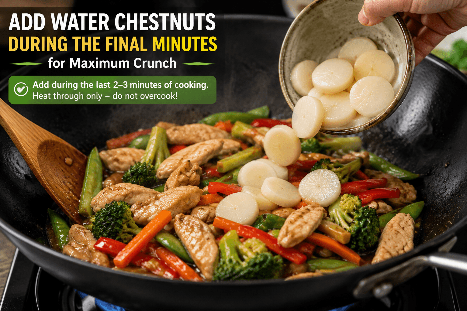 Adding water chestnuts during the final minutes of a water chestnuts stir fry for maximum crunch