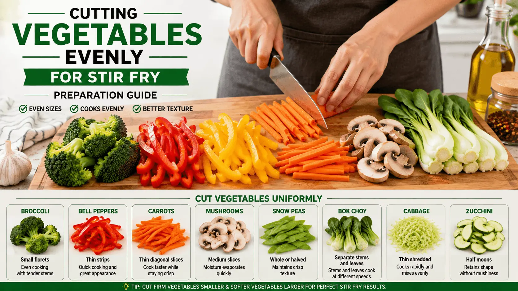 Cutting vegetables into uniform pieces for a stir fry vegetable preparation guide