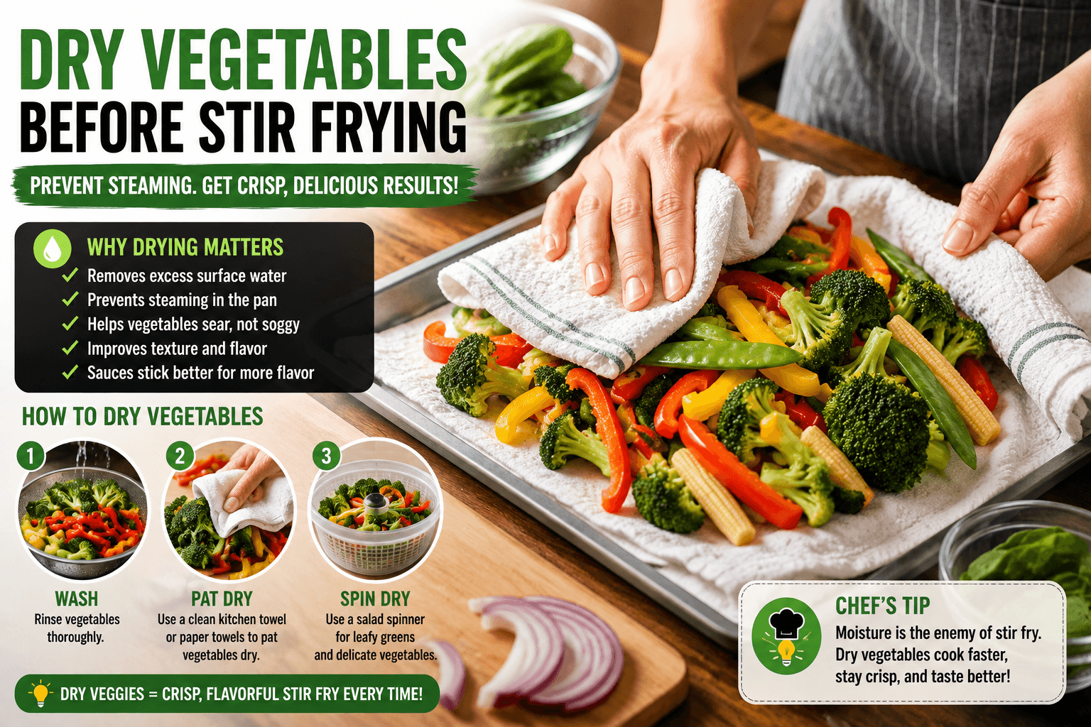 Drying fresh vegetables with a kitchen towel before stir frying to prevent steaming