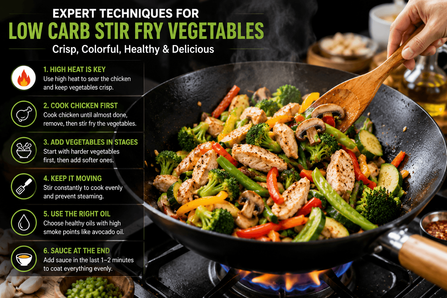 Expert cooking techniques for preparing low carb stir fry vegetables with chicken in a hot wok