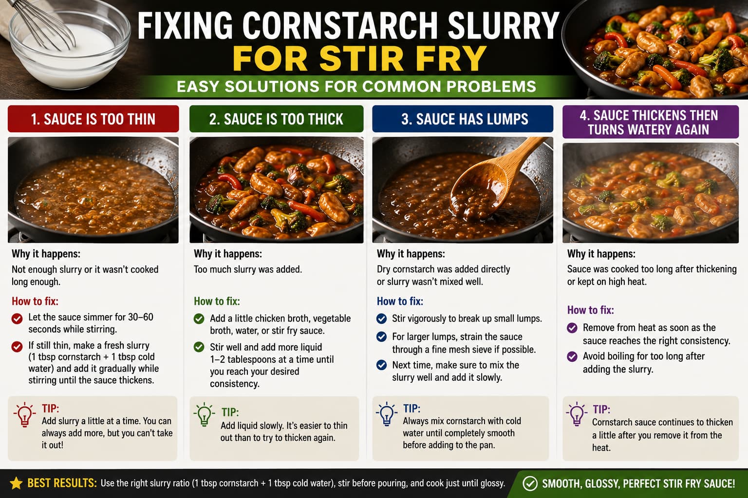 Fixing common cornstarch slurry for stir fry problems including sauce that is too thin or too thick