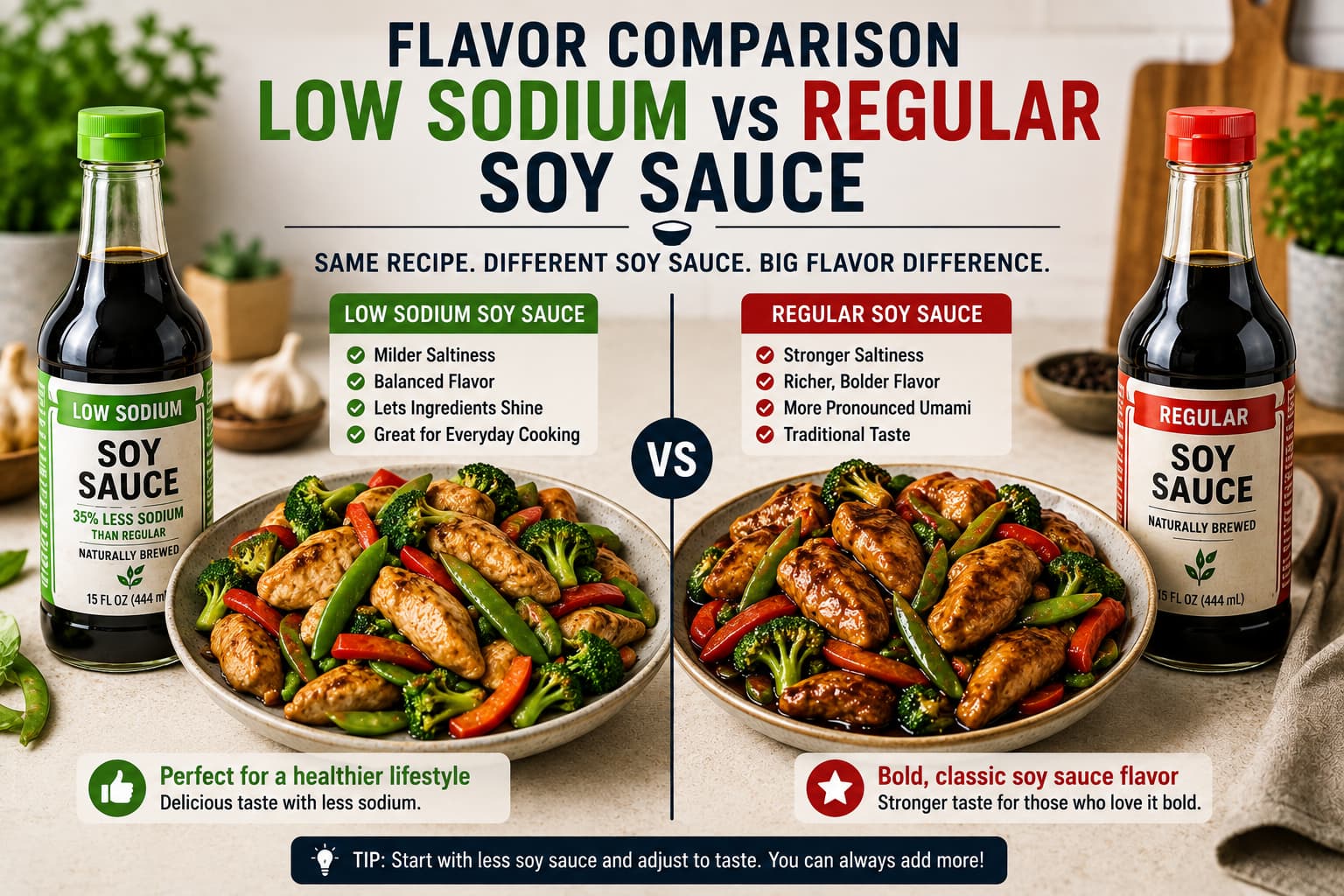 Homemade chicken stir fry demonstrating the flavor difference between low sodium soy sauce and regular soy sauce