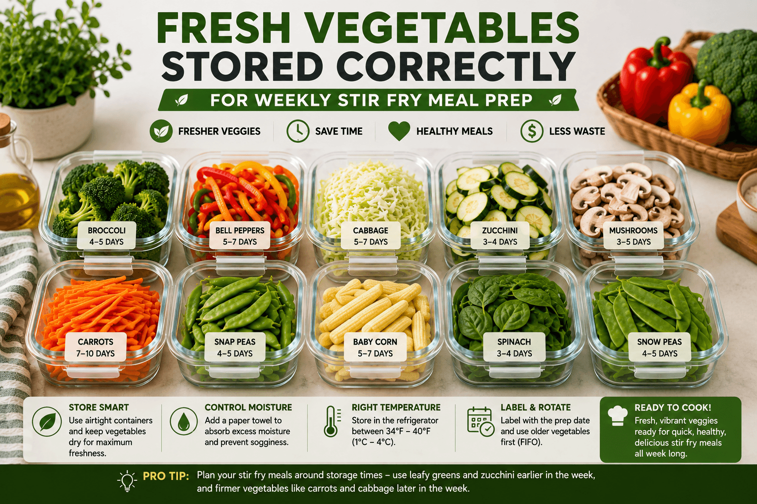 Fresh vegetables properly stored for stir fry meal prep in airtight containers ready for healthy weeknight cooking
